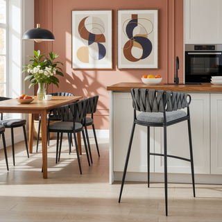 Sunvega Black Metal Bar Stool with Gray Faux Leather Accented Back and Fabric Seat