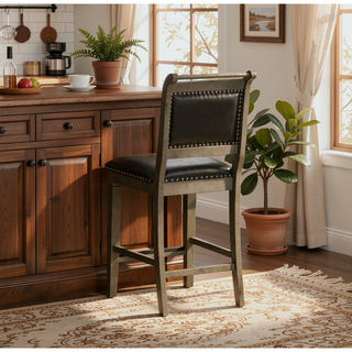 Sunvega Antique White Finish Black Leather Seat Farmhouse Counter Stool