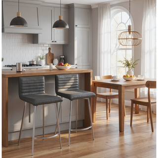 Sunvega Mason Contemporary Swivel Counter Stool with Tufted Seat and Walnut Wood Back