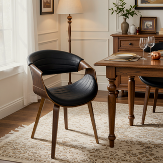 Sunvega Mid-Century Modern Dining Accent Chair with Faux Leather Upholstery and Walnut Wood