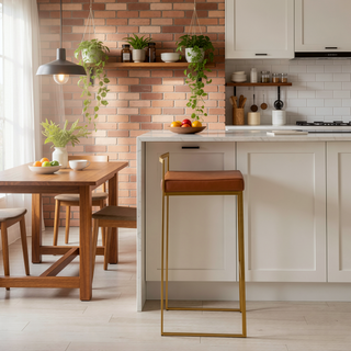 Sunvega Gold and Camel Faux Leather Upholstered Fixed Bar Height Stools Set of 2
