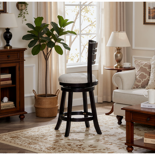 Sunvega Cherry Finish Beige Fabric Slat Back Swivel Stool for Counter Height