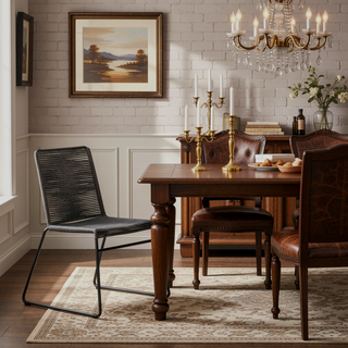 Sunvega Charcoal Woven Rope Stackable Side Chair with Sleek Metal Frame and Sled Base