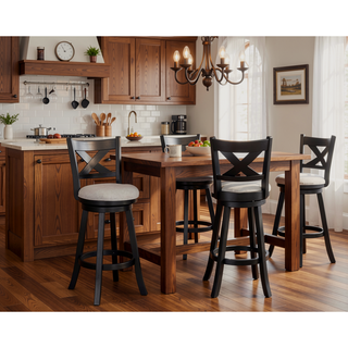 Sunvega Contemporary Black Frame Fabric Upholstery Swivel Pub Stools with Footrest