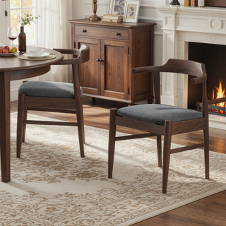 Sunvega Mid-Century Modern Gray Fabric Dining Chair with Solid Wood Frame 18.50" L x 22.50" W x 28.00" H Farmhouse Kitchen Side Chairs with Foot Pegs (Set of 2)