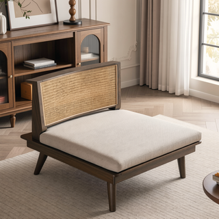 Sunvega Woven Rattan Back Dining Side Chair with Natural Wood Tone and Square Legs