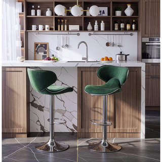 Sunvega Green Velvet Upholstered Adjustable Swivel Barstool with Footrest, Set of 2