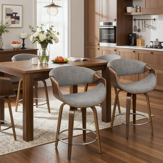 Sunvega Mid-Century Modern Counter Stool Set with Walnut Frame and Grey Fabric