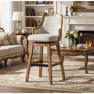Sunvega Handcrafted Taupe Beige Cane Rattan Swivel Counter Stool with Recessed Arms