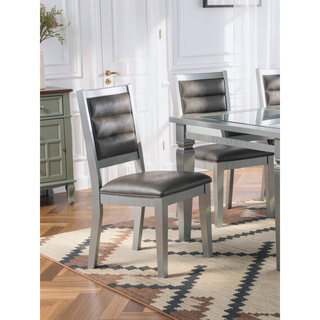Sunvega Silver Finish Faux Leather Upholstered Dining Chairs with Tufted Back Cushion
