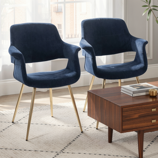 Sunvega Glam Art Deco Chair with Gold Metal Legs and Blue Velvet Upholstery