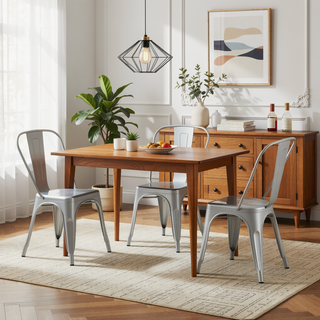 Sunvega High Gloss Silver Metal Dining Chairs Set of 2 with 18 Inch Seat Height