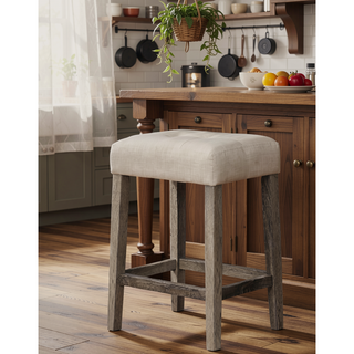 Sunvega Transitional Wood Counter Stool Set of 2 with Upholstered Linen Fabric Cushion