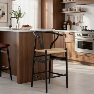 Sunvega Mid-Century Wishbone Barstool with Woven Papercord Seat Fully Assembled Walnut