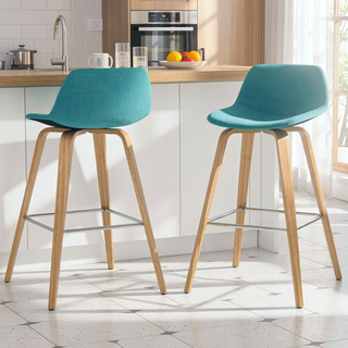 Sunvega Mid Century Modern Bentwood Counter Bar Stool Set of 2 with Aqua Blue Upholstery