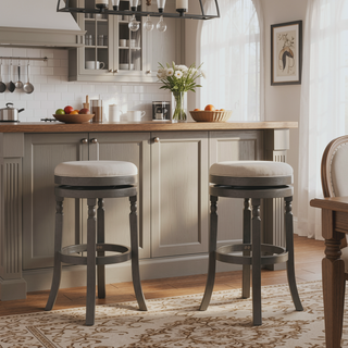 Sunvega 30 Inch Bar Stool with Weathered Gray Finish and Beige Fabric Seat
