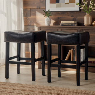 Sunvega Marbled Brown Bonded Leather Saddle Seat Counter Stools 2-Piece Set