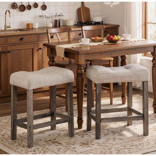 Sunvega Taupe Saddle Stool Set of 2 with Button Tufted Upholstery and Rubberwood Frame