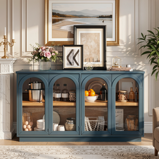 Sunvega Arched Glass Door Storage Buffet Cabinet with Adjustable Shelves for Kitchen Dining Room