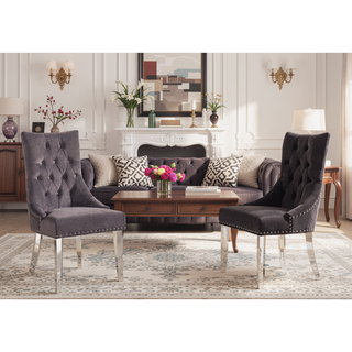 Sunvega Tufted Gray Velvet Dining Chair with Acrylic Legs and Diamond Stitching