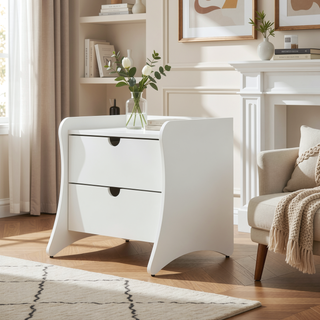 Sunvega Mid-Century Modern White Nightstand with Two Spacious Drawers