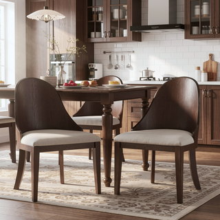Sunvega Dark Walnut Brown Curved Panel Back Dining Chairs with Off White Fabric