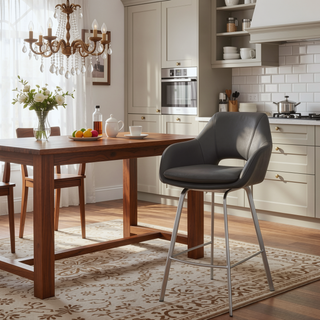 Sunvega Gray Faux Leather Swivel Bar Stool with Brushed Stainless Steel Base