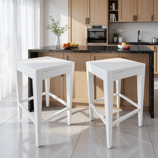Sunvega Set of 2 White Farmhouse Counter Stools with Wooden Look