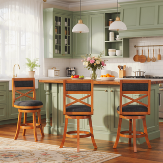 Sunvega 24 Inch Counter Height X-Back Swivel Stool with Beige Fabric Seat and Cherry Finish