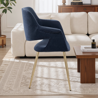 Sunvega Glam Art Deco Chair with Gold Metal Legs and Blue Velvet Upholstery
