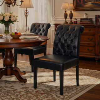 Sunvega Dark Grey Roll Top Button Tufted Dining Chairs Set of 2