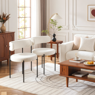 Sunvega Modern Round Boucle Dining Chairs with Textured Upholstery, Set of 2 White
