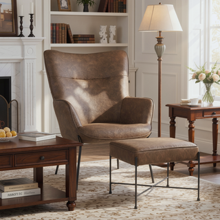 Sunvega Industrial Faux Leather Lounge Chair and Ottoman Set with Sleek Black Metal Legs