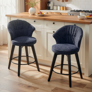Sunvega 360 Swivel Bar Stools Set of 2 with Solid Wood Legs and Chenille Upholstery