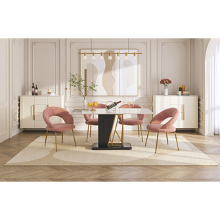 Sunvega Velvet Fabric Dining Chair with Curved Backrest and Golden Metal Legs for Kitchen
