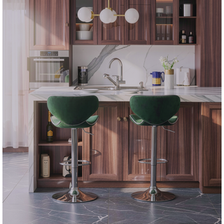 Sunvega Green Velvet Upholstered Adjustable Swivel Barstool with Footrest, Set of 2