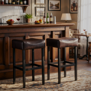 Sunvega 30-Inch Brown Faux Leather Backless Bar Stool with Sturdy Rubberwood Legs