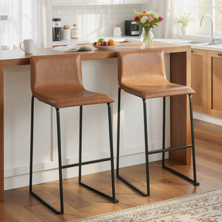 Sunvega Contemporary Black and Camel Faux Leather Barstool Set with Metal Base and Footrest