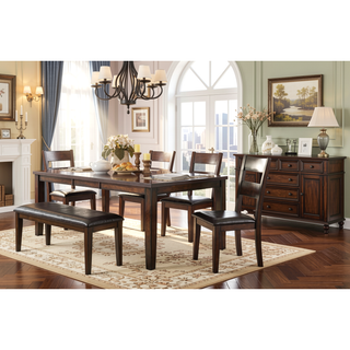Sunvega Cherry Finish Wood Frame Bench with Dark Brown Faux Leather Upholstered Seat