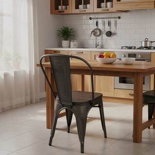 Sunvega Industrial Farmhouse Stackable Dining Chairs with Bamboo Seat Set of 2
