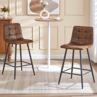 Sunvega Brown Techno-Fabric Bar Chair Set of Two with Rounded Backrest and Black Metal Legs