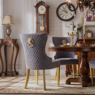 Sunvega Gold Velvet Upholstered Dining Chair with Lion Head Accent and Quilted Back
