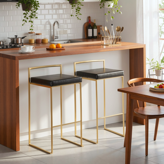 Sunvega Glam Contemporary Barstool with Black Faux Leather and Gold Frame Set of 2