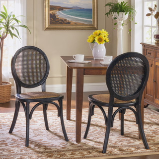 Sunvega Vintage Elm Wood Caning Dining Chairs with Rounded Backrest Set of 2