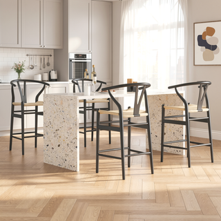 Sunvega Mid-Century Wishbone Barstool with Woven Papercord Seat Fully Assembled Walnut