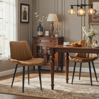 Sunvega Brown PU Leather Dining Chairs with Metal Legs and Wave Pattern Upholstery
