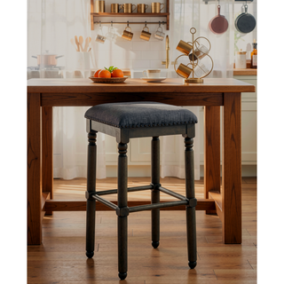 Sunvega Set of 2 Grey Washed Wood Bar Stools with Upholstered Seat and Nailhead Trim