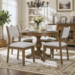 Sunvega Set of 2 Light Gray Fabric Open Back Walnut Oak Dining Side Chairs