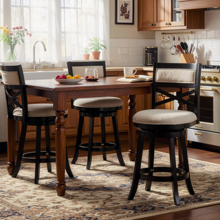 Sunvega 24 Inch Counter Height X-Back Swivel Stool with Beige Fabric Seat and Cherry Finish