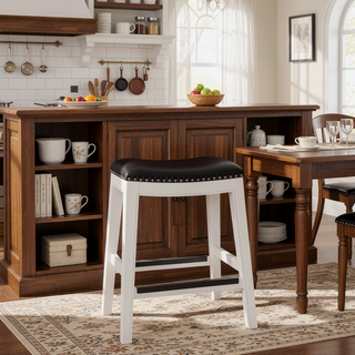 Sunvega Natural Finish Saddle Leather Seat Counter Stool with Footrest and Nail Head Trim